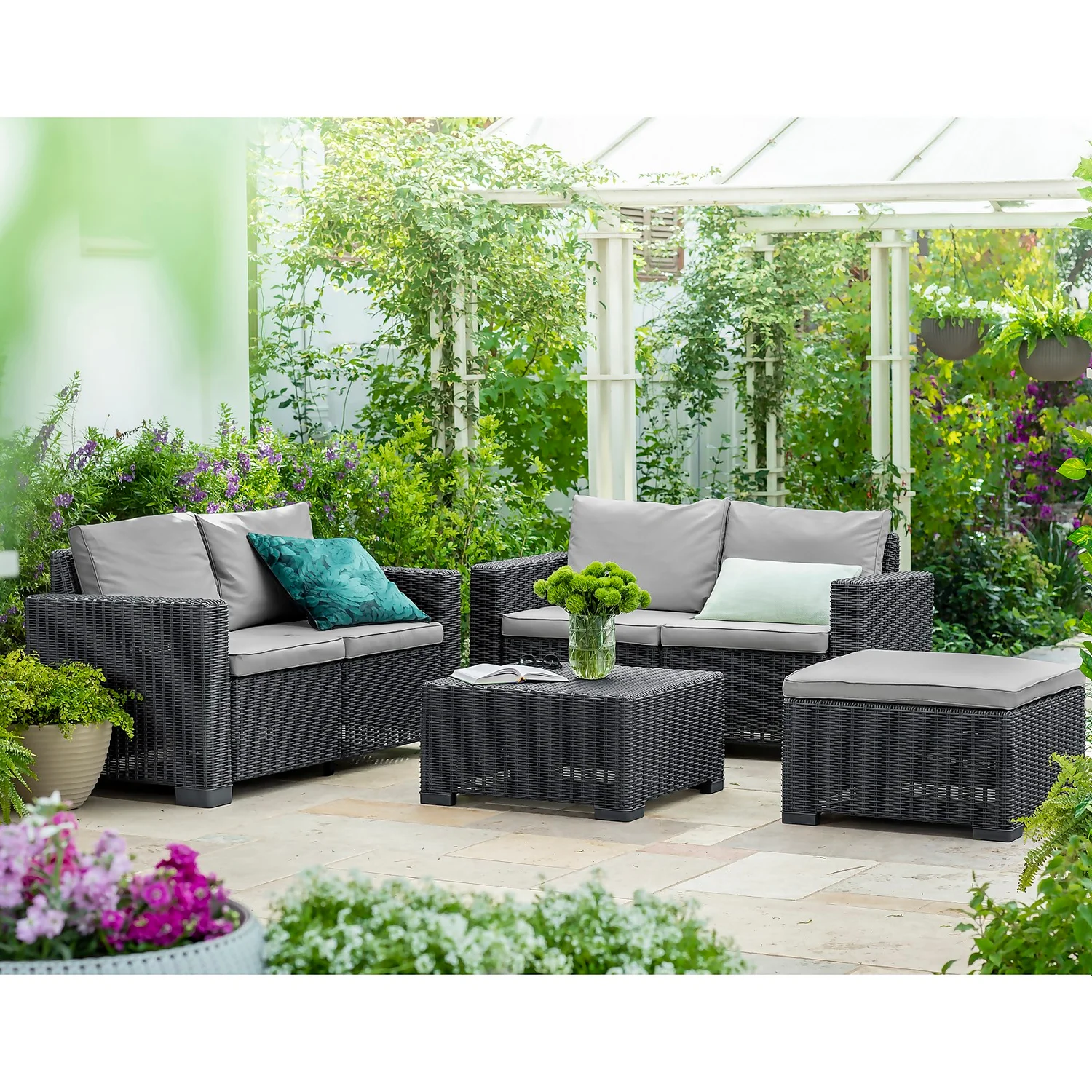 Keter California 5 Seater Double Sofa Outdoor Garden Furniture Lounge Set - Graphite With Grey Cushions 2 Keter California 5 Seater Double Sofa Outdoor Garden Furniture Lounge Set - Graphite With Grey Cushions - Image 2